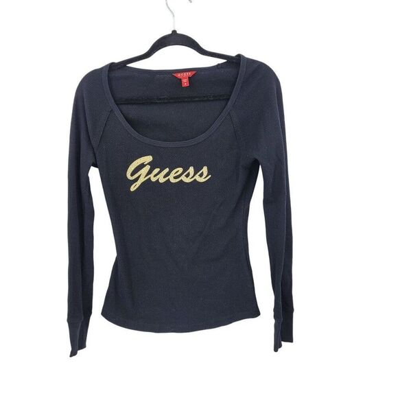 Y2K‎ Guess Black Long-Sleeve Thermal Knit Top Womens Sz M Gold Rhinestone Logo - Picture 12 of 12